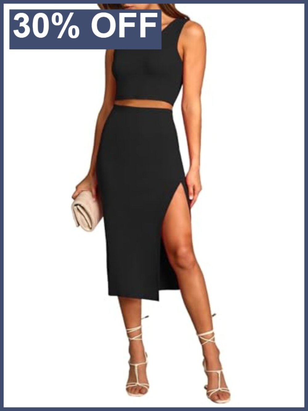 Women Ribbed Knit Bodycon Midi Dress Sleeveless Side Slit Cut